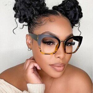 BLACK/LEOPARD Women Oversized Cat Eye Blue Light Blocking Glasses